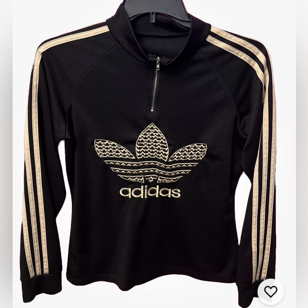 Adidas Girls 1/4 Zip Pullover Sz XL Black Gold Stripes Long Sleeves, Active Fit
